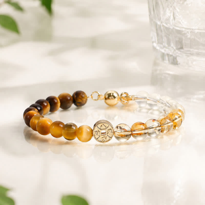 Buddha Stones Bransoletka szczęścia z miedzianymi monetami i naturalnym kamieniem tygrysiego oka Fu - image 1