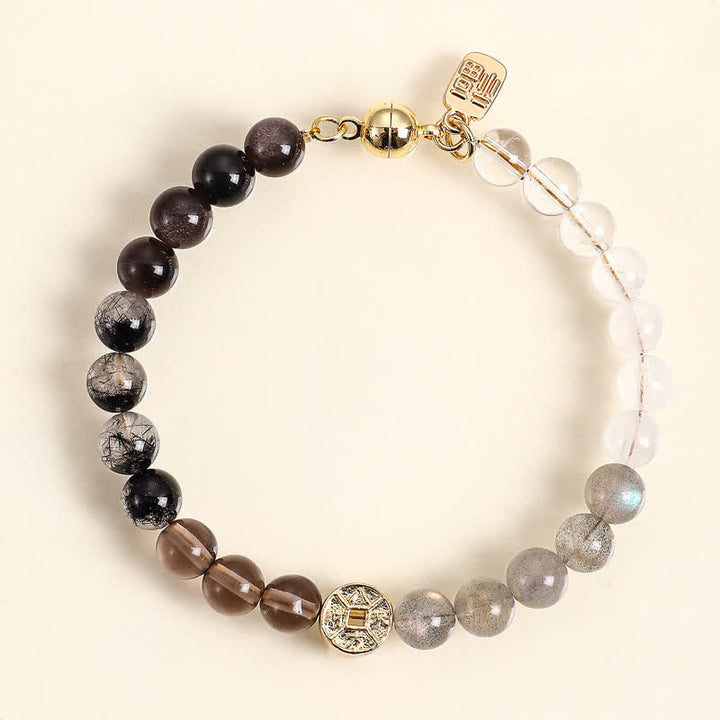 Buddha Stones Bransoletka szczęścia z miedzianymi monetami i naturalnym kamieniem tygrysiego oka Fu - Czarny kwarc rutylowy (ochrona ♥ uziemienie) - image 9