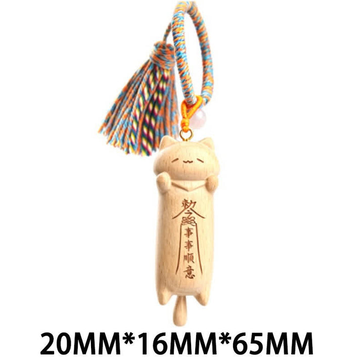 Buddha Stones Ręcznie rzeźbione, jasne, drewniane breloki uziemiające z frędzlami w kształcie kota na szczęście - Niebieski długi kot - image 26