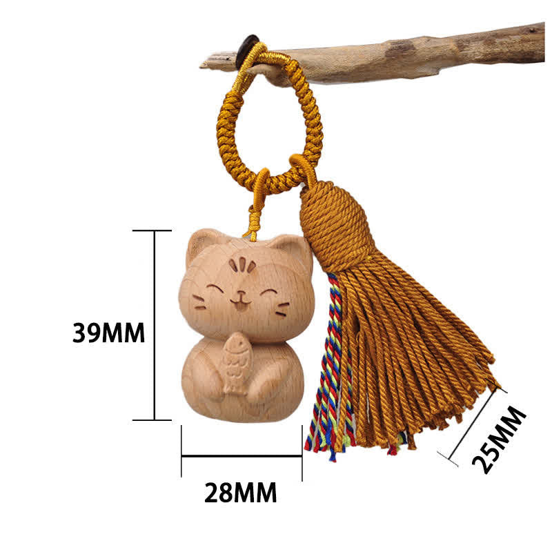 Buddha Stones Ręcznie rzeźbione, jasne, drewniane breloki uziemiające z frędzlami w kształcie kota na szczęście - Brązowy kot jedzący rybę - image 17