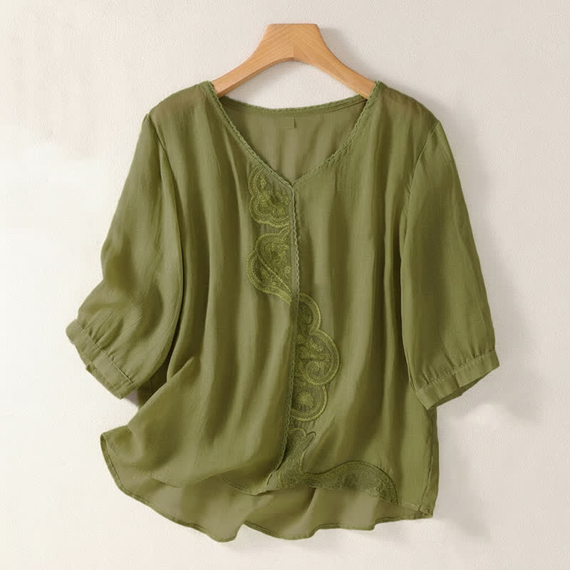 Damska koszulka z krótkim rękawem i dekoltem w serek z haftowanym wzorem "Buddha Stones" - Żółtozielony - US14, UK/AU18, EU46 (2XL) - image 16