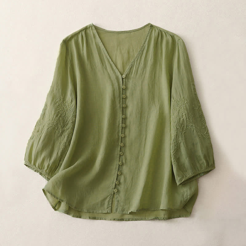 Koszula damska z haftem i guzikami „Buddha Stones” - Żółtozielony - US8-10，UK/AU12-14，EU40-42 (2XL) - image 0