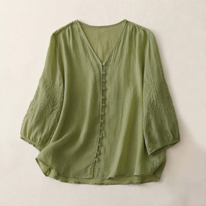 Koszula damska z haftem i guzikami „Buddha Stones” - Żółtozielony - US8-10，UK/AU12-14，EU40-42 (2XL) - image 0