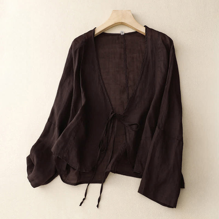 Kimono Buddha Stones Summer Plain Long Sleeve Lace-up Open Front - SaddleBrown - US12, UK/AU16, EU44 (XL) - image 12