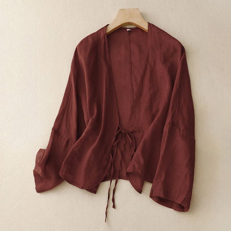 Kimono Buddha Stones Summer Plain Long Sleeve Lace-up Open Front - Ciemnoczerwony - US12, UK/AU16, EU44 (XL) - image 0