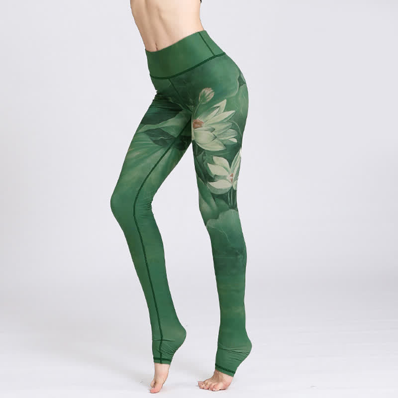 Spodnie do jogi, legginsy sportowe, damskie, z nadrukiem kwiatów lotosu i Buddha Stones - Zielony Lotos - US8-10, UK/AU12-14, EU40-42 (XL) - image 0