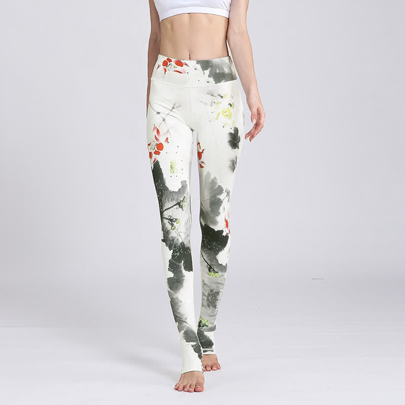 Spodnie do jogi, legginsy sportowe, damskie, z nadrukiem kwiatów lotosu i Buddha Stones - Biały tusz Lotus - US8-10, UK/AU12-14, EU40-42 (XL) - image 26