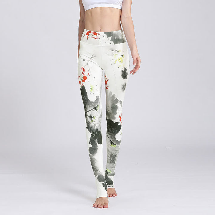 Spodnie do jogi, legginsy sportowe, damskie, z nadrukiem kwiatów lotosu i Buddha Stones - Biały tusz Lotus - US8-10, UK/AU12-14, EU40-42 (XL) - image 26