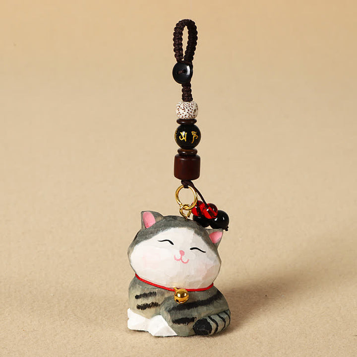 Buddha Stones Breloczki z rzeźbionym kotem z drewna Om Mani Padme Hum Focus - Om Mani Padme Hum Prążkowany Kot - image 11