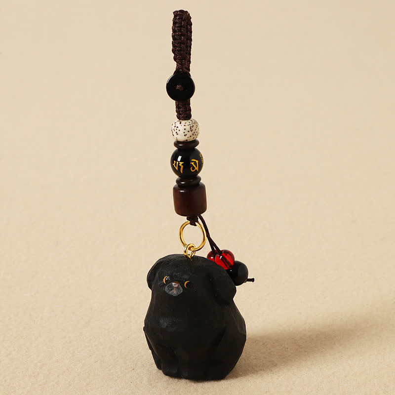 Buddha Stones Rzeźbiony drewniany pies Om Mani Padme Hum – breloki mądrości - Om Mani Padme Hum Czarny Pies - image 10
