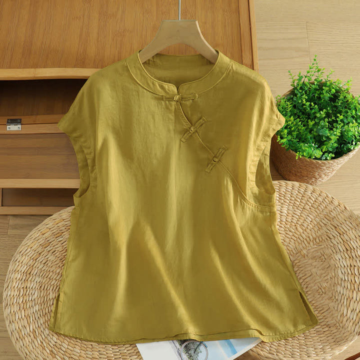 Buddha Stones Letni, swobodny, damski top bez rękawów w stylu Tang z guzikami typu żaba - Ciemny Khaki - US12, UK/AU16, EU44 (2XL) - image 0