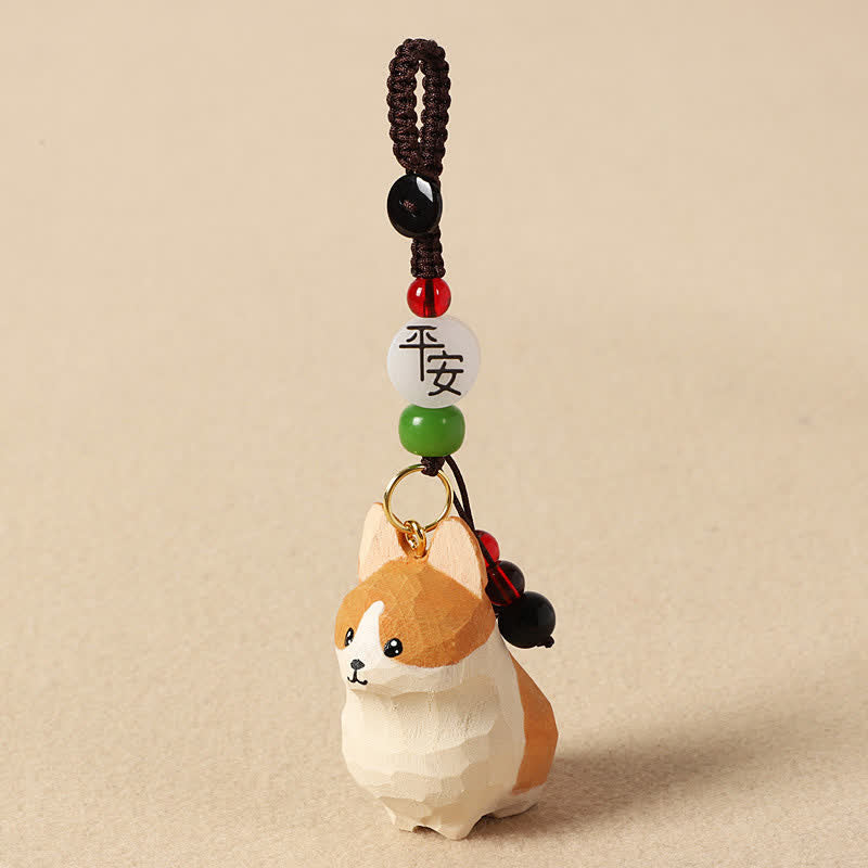 Buddha Stones Rzeźbione drewniane breloki do kluczy Om Mani Padme Hum z motywem pokoju Corgi - Bezpieczny Corgi - image 2
