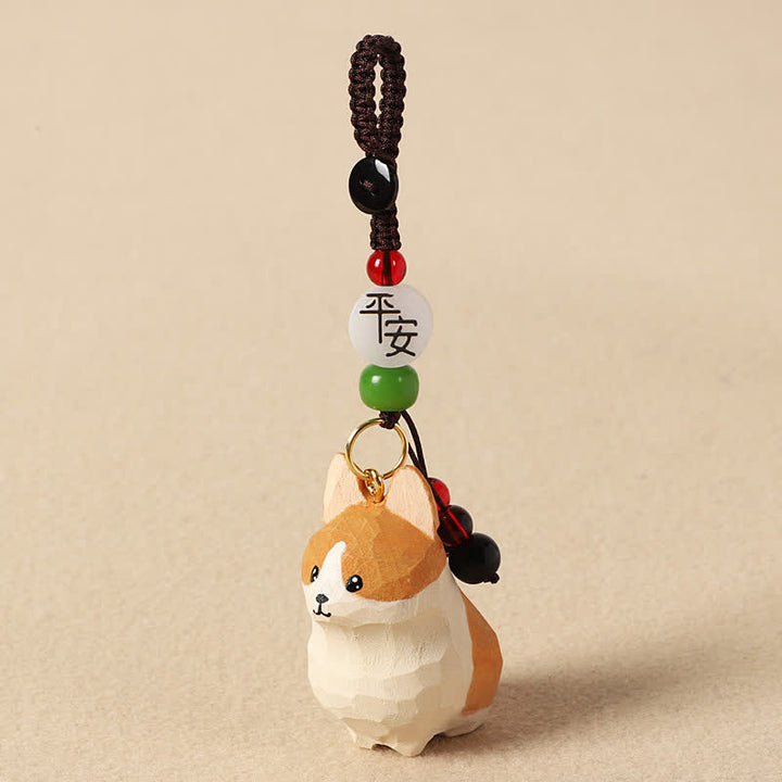Buddha Stones Rzeźbione drewniane breloki do kluczy Om Mani Padme Hum z motywem pokoju Corgi - Bezpieczny Corgi - image 2