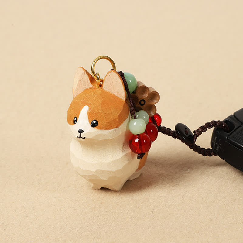 Buddha Stones Rzeźbione drewniane breloki do kluczy Om Mani Padme Hum z motywem pokoju Corgi - Corgi - image 0