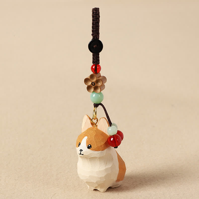 Buddha Stones Rzeźbione drewniane breloki do kluczy Om Mani Padme Hum z motywem pokoju Corgi - image 1