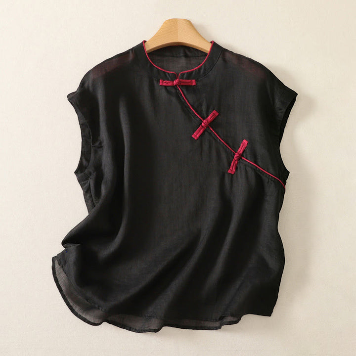 Buddha Stones Letni, swobodny, damski top bez rękawów w stylu Tang z guzikami typu żaba - Czarny - US12, UK/AU16, EU44 (2XL) - image 0