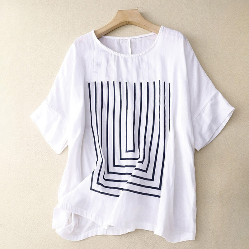 Buddha Stones Casual Line Printing Pattern Krótki rękaw Bawełna Len Damska Koszulka T-shirt - Biały - US12, UK/AU16, EU44 (2XL) - image 11