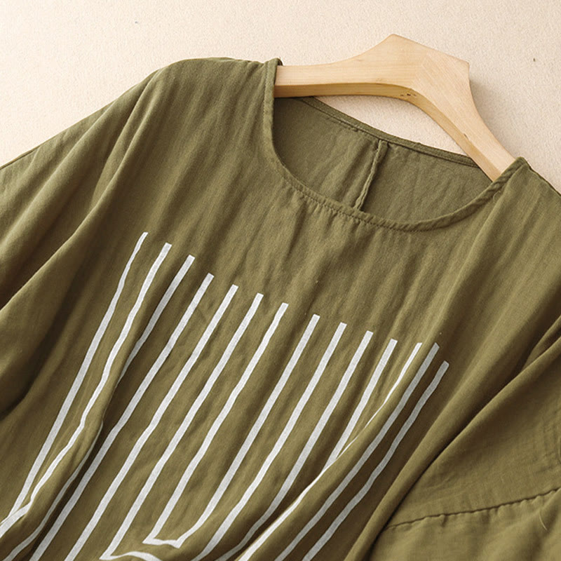 Buddha Stones Casual Line Printing Pattern Krótki rękaw Bawełna Len Damska Koszulka T-shirt - image 2