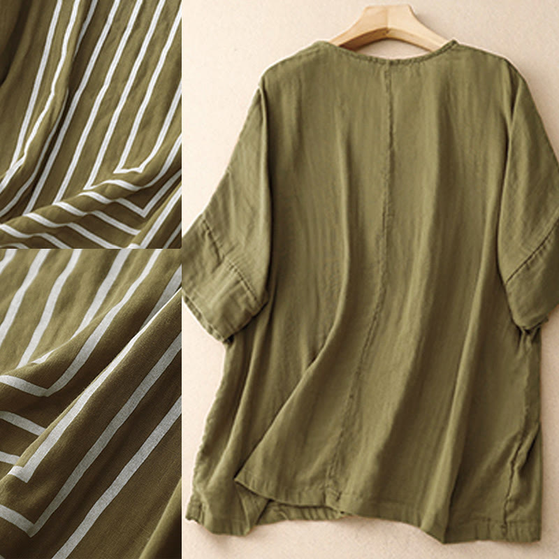 Buddha Stones Casual Line Printing Pattern Krótki rękaw Bawełna Len Damska Koszulka T-shirt - image 1