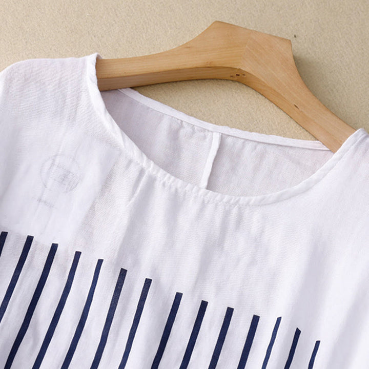 Buddha Stones Casual Line Printing Pattern Krótki rękaw Bawełna Len Damska Koszulka T-shirt - image 12