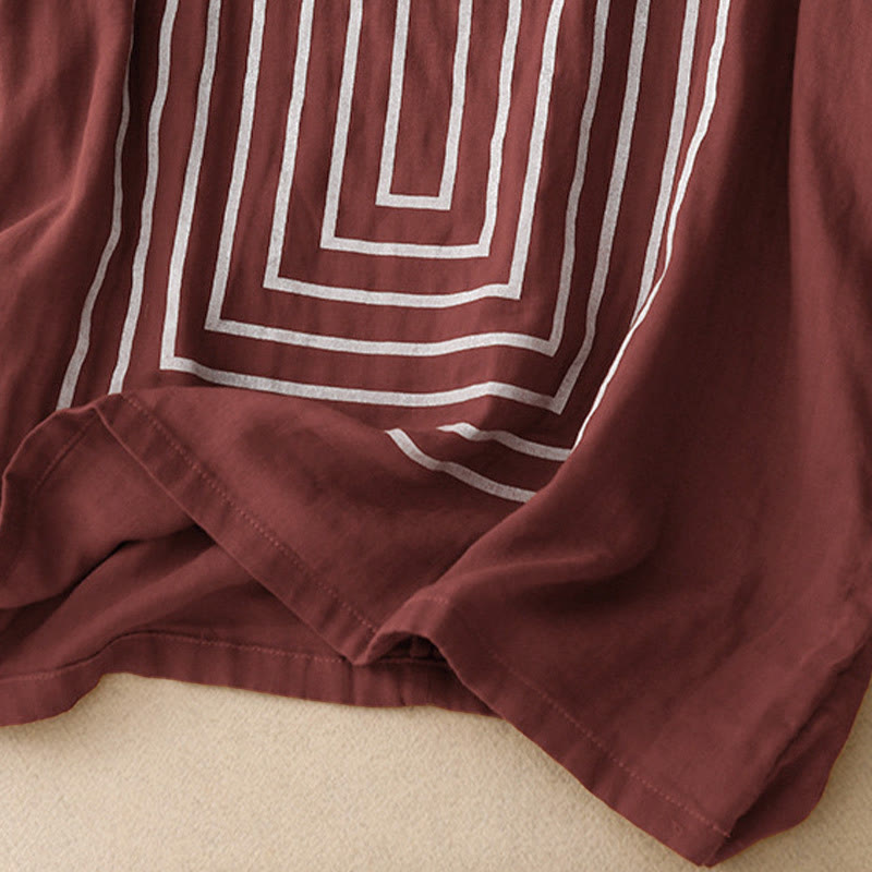 Buddha Stones Casual Line Printing Pattern Krótki rękaw Bawełna Len Damska Koszulka T-shirt - image 9