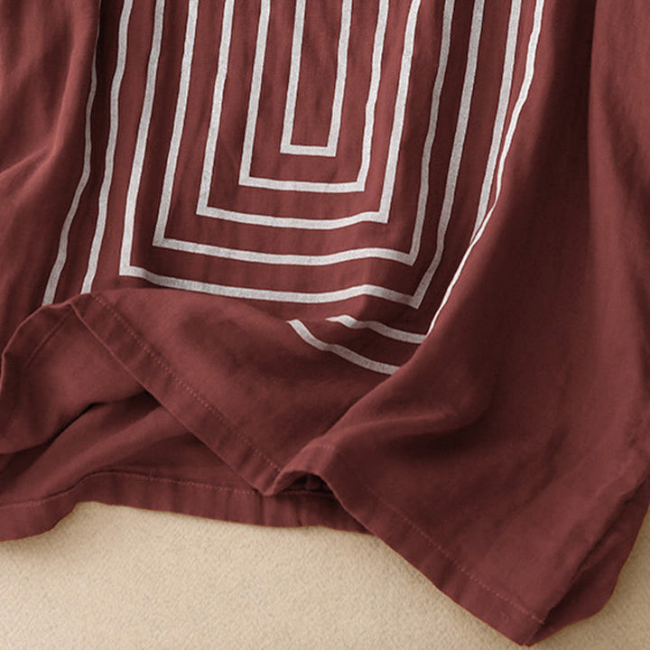 Buddha Stones Casual Line Printing Pattern Krótki rękaw Bawełna Len Damska Koszulka T-shirt - image 9