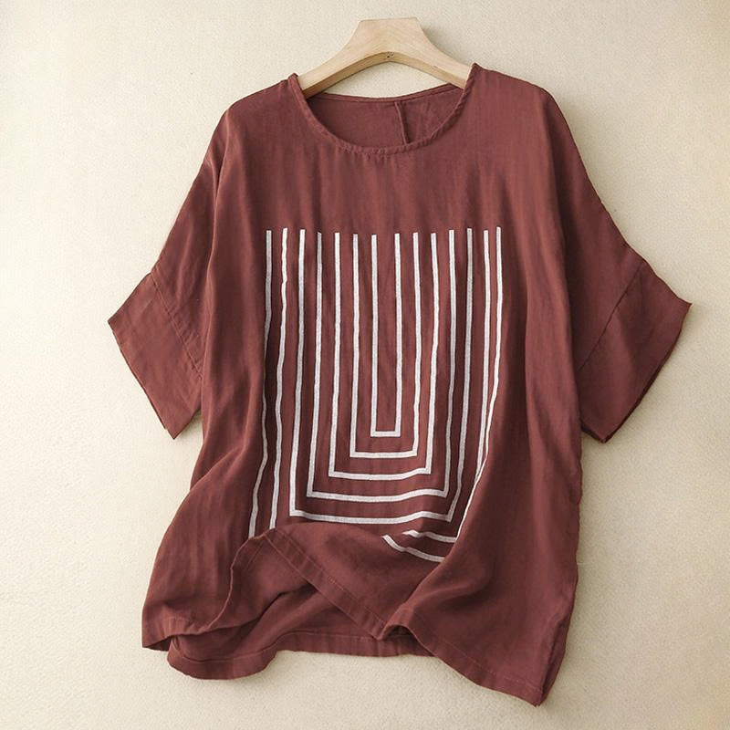 Buddha Stones Casual Line Printing Pattern Krótki rękaw Bawełna Len Damska Koszulka T-shirt - Kasztanowaty - US12, UK/AU16, EU44 (2XL) - image 7