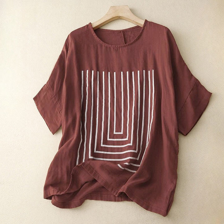 Buddha Stones Casual Line Printing Pattern Krótki rękaw Bawełna Len Damska Koszulka T-shirt - Kasztanowaty - US12, UK/AU16, EU44 (2XL) - image 7