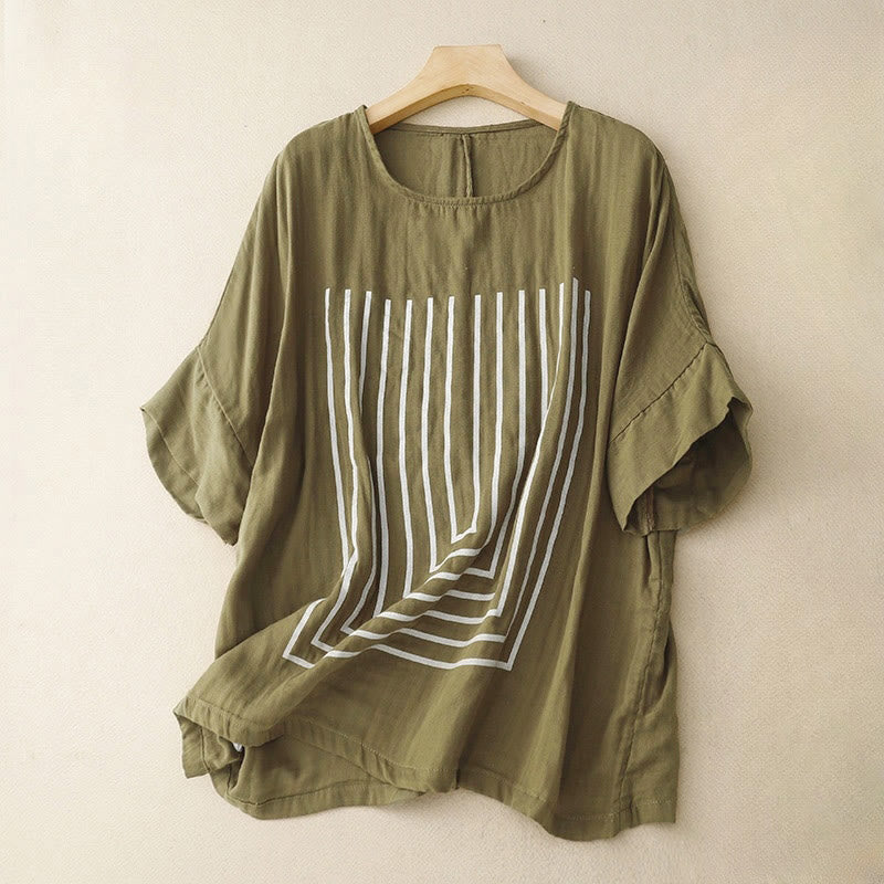 Buddha Stones Casual Line Printing Pattern Krótki rękaw Bawełna Len Damska Koszulka T-shirt - Oliwka - US12, UK/AU16, EU44 (2XL) - image 0
