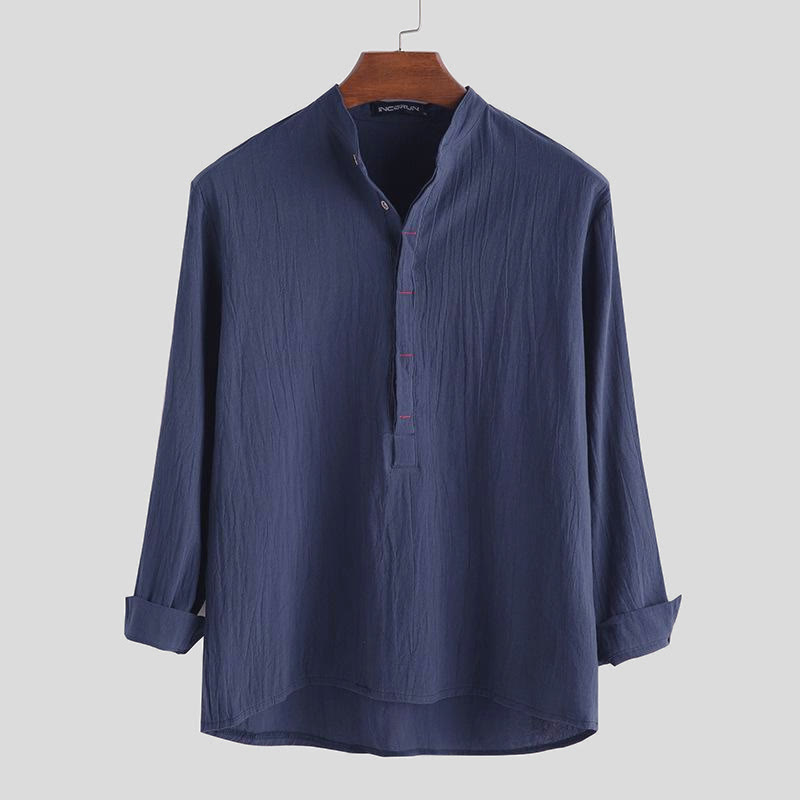 Koszule męskie z długim rękawem z bawełny w jednolitym kolorze z Buddha Stones na pół guziki - Stalowoniebieski - US/UK/AU42， EU52 (3XL) - image 4