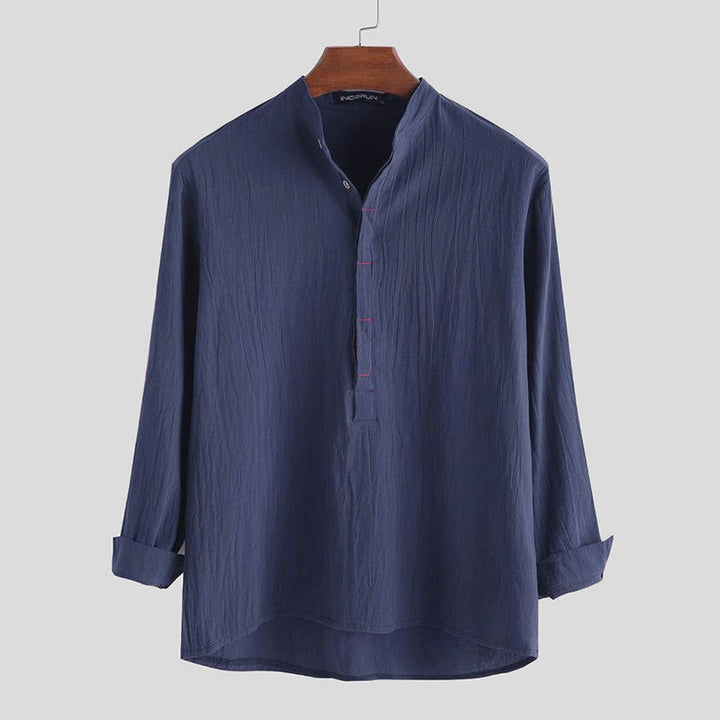 Koszule męskie z długim rękawem z bawełny w jednolitym kolorze z Buddha Stones na pół guziki - Stalowoniebieski - US/UK/AU42， EU52 (3XL) - image 4