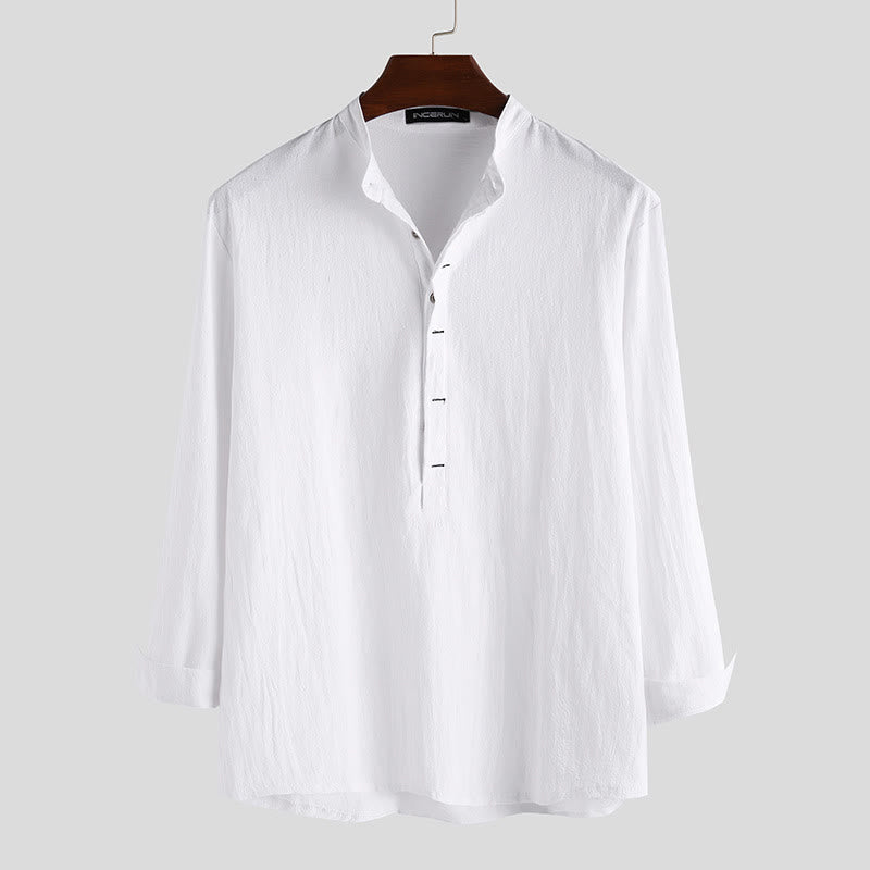 Koszule męskie z długim rękawem z bawełny w jednolitym kolorze z Buddha Stones na pół guziki - Biały - US/UK/AU42， EU52 (3XL) - image 0