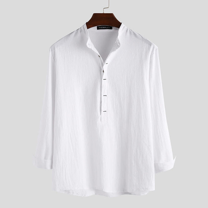 Koszule męskie z długim rękawem z bawełny w jednolitym kolorze z Buddha Stones na pół guziki - Biały - US/UK/AU42， EU52 (3XL) - image 0