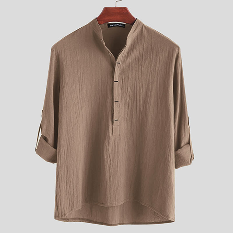 Koszule męskie z długim rękawem z bawełny w jednolitym kolorze z Buddha Stones na pół guziki - Dębnik - US/UK/AU42， EU52 (3XL) - image 6