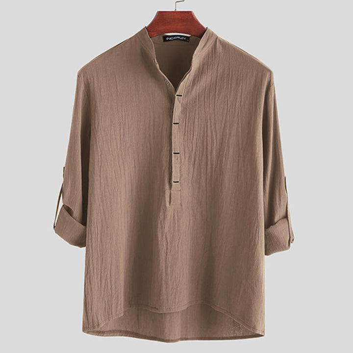 Koszule męskie z długim rękawem z bawełny w jednolitym kolorze z Buddha Stones na pół guziki - Dębnik - US/UK/AU42， EU52 (3XL) - image 6