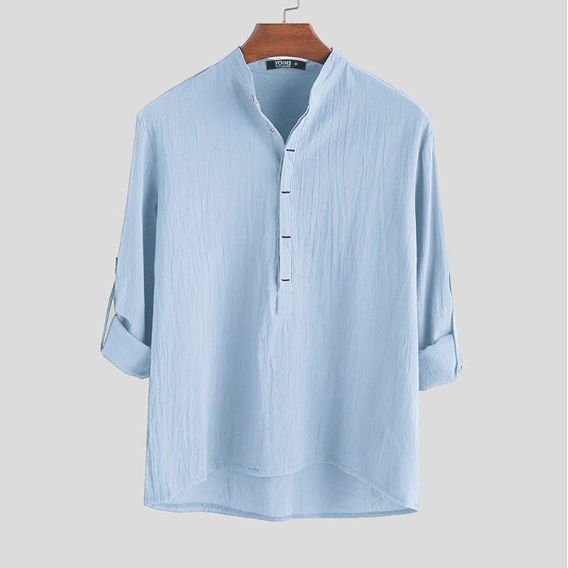 Koszule męskie z długim rękawem z bawełny w jednolitym kolorze z Buddha Stones na pół guziki - LightSkyBlue - US/UK/AU42， EU52 (3XL) - image 3