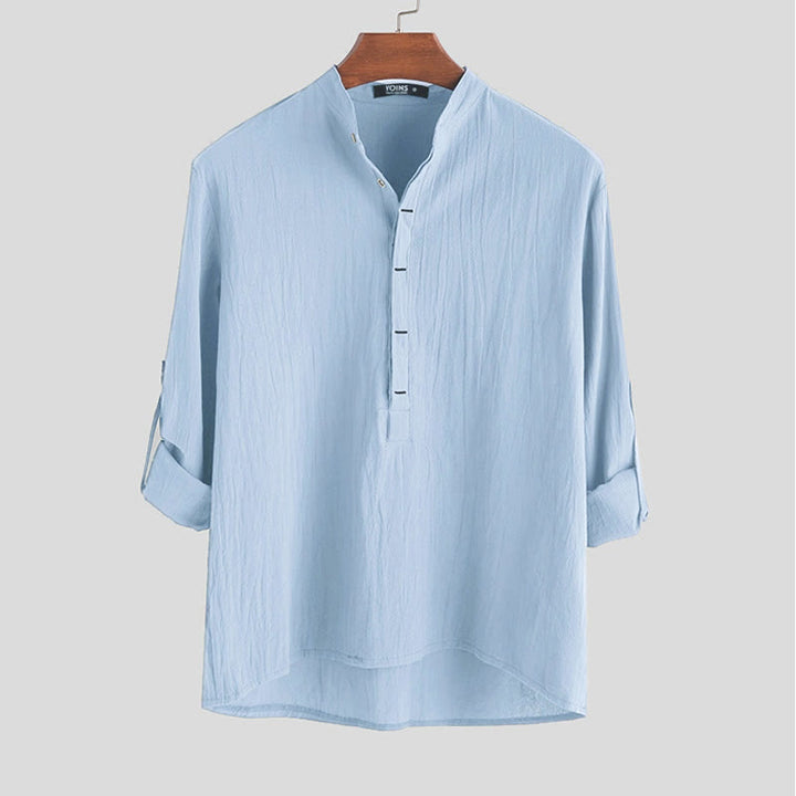 Koszule męskie z długim rękawem z bawełny w jednolitym kolorze z Buddha Stones na pół guziki - LightSkyBlue - US/UK/AU42， EU52 (3XL) - image 3