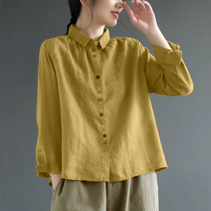 Koszula damska z długim rękawem i kolorowym guzikiem w kształcie Buddha Stones z haftem wiosennym - DarkGoldenrod - US8-10，UK/AU12-14，EU40-42 (2XL) - image 0