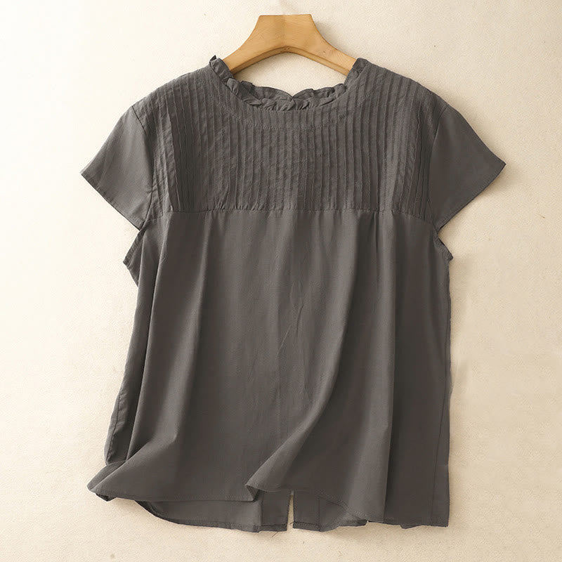 Koszula damska z krótkim rękawem "Buddha Stones Summer Pure Color z plisowanymi falbankami" - DarkSlateGray - US6, UK/AU10, EU38 (2XL) - image 6