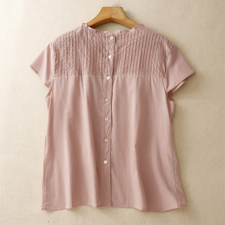 Koszula damska z krótkim rękawem "Buddha Stones Summer Pure Color z plisowanymi falbankami" - DarkSalmon - US6, UK/AU10, EU38 (2XL) - image 0