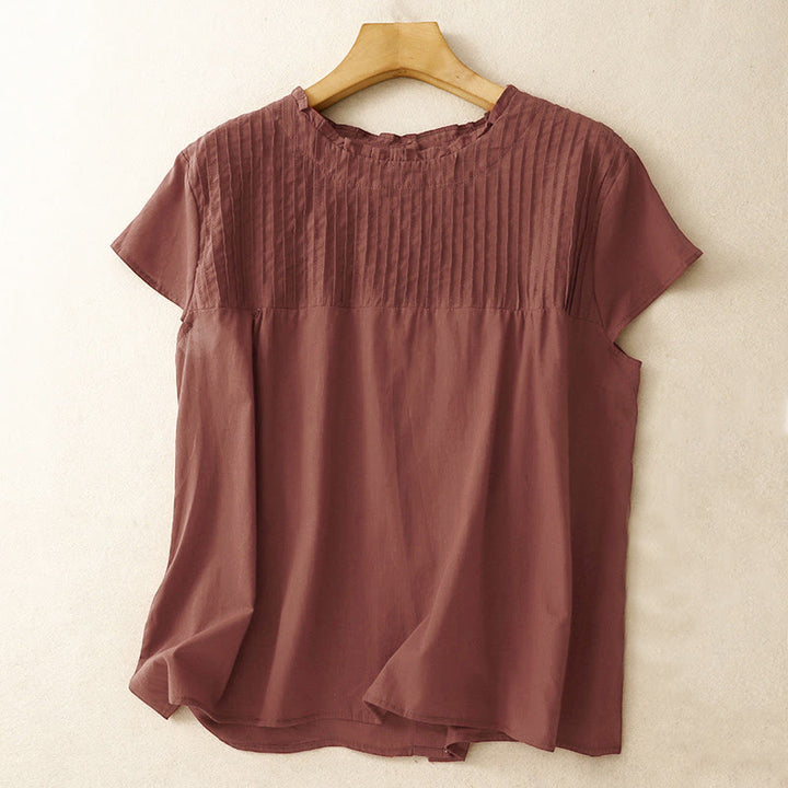 Koszula damska z krótkim rękawem "Buddha Stones Summer Pure Color z plisowanymi falbankami" - Ciemnoczerwony - US6, UK/AU10, EU38 (2XL) - image 14