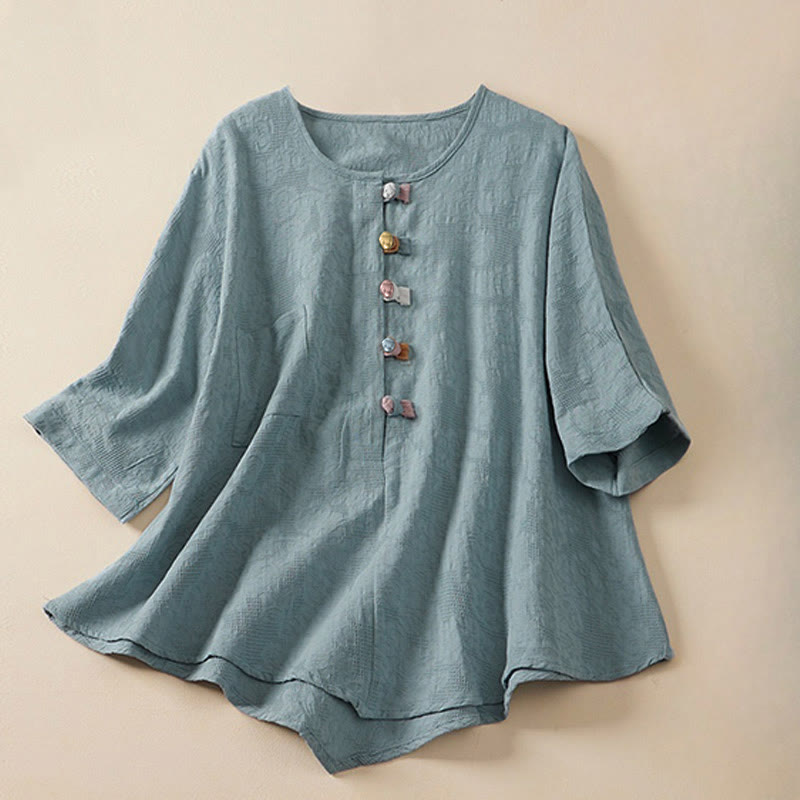 Koszula damska z krótkim rękawem i guzikami w kwiaty w kolorze żaby z motywem Buddha Stones - LightSkyBlue - US8-10，UK/AU12-14，EU40-42 (2XL) - image 0