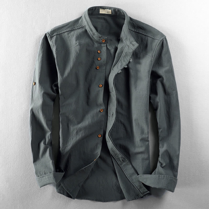Koszula męska z długim rękawem z bawełny i lnu, z okrągłym dekoltem i dopasowanym krojem "Buddha Stones" - CadetBlue - US/UK/AU48，EU58 (7XL) - image 10