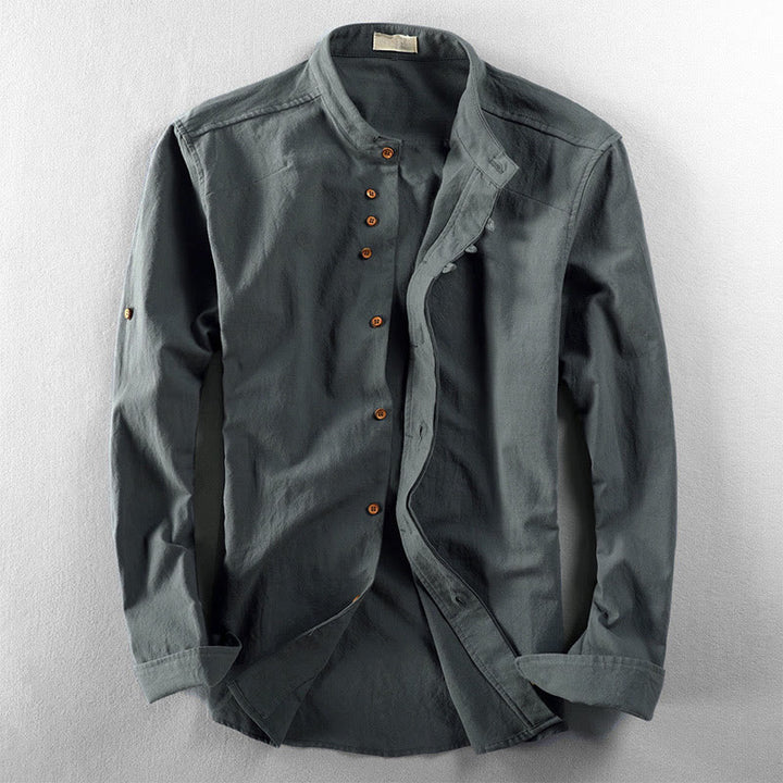 Koszula męska z długim rękawem z bawełny i lnu, z okrągłym dekoltem i dopasowanym krojem "Buddha Stones" - CadetBlue - US/UK/AU48，EU58 (7XL) - image 10