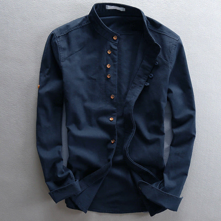 Koszula męska z długim rękawem z bawełny i lnu, z okrągłym dekoltem i dopasowanym krojem "Buddha Stones" - MidnightBlue - US/UK/AU48，EU58 (7XL) - image 0