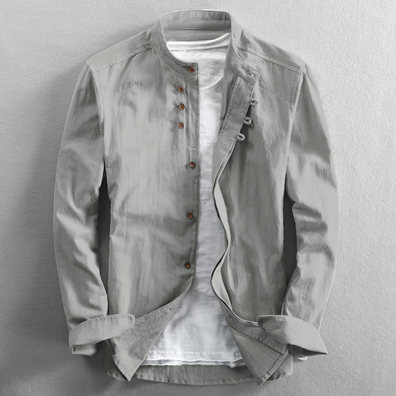 Koszula męska z długim rękawem z bawełny i lnu, z okrągłym dekoltem i dopasowanym krojem "Buddha Stones" - Biały Dym - US/UK/AU48，EU58 (7XL) - image 12