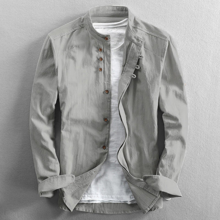 Koszula męska z długim rękawem z bawełny i lnu, z okrągłym dekoltem i dopasowanym krojem "Buddha Stones" - Biały Dym - US/UK/AU48，EU58 (7XL) - image 12