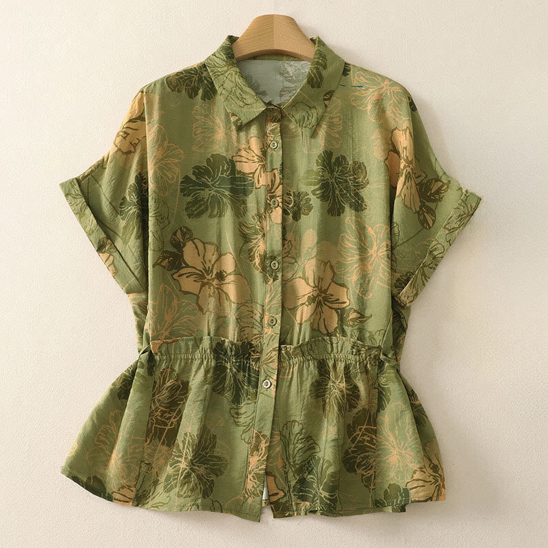 Buddha Stones Letnie koszule damskie z krótkim rękawem w stylu boho, zapinane na guziki i w kwiaty - Żółtozielony - US8-10, UK/AU12-14, EU40-42 (2XL) - image 0