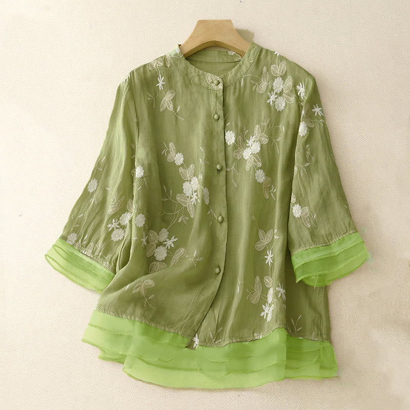 Koszula damska z okrągłym dekoltem i krótkim rękawem, haftowanymi płatkami Buddy, z Buddha Stones - Jasnozielony - US8-10，UK/AU12-14，EU40-42 (2XL) - image 12