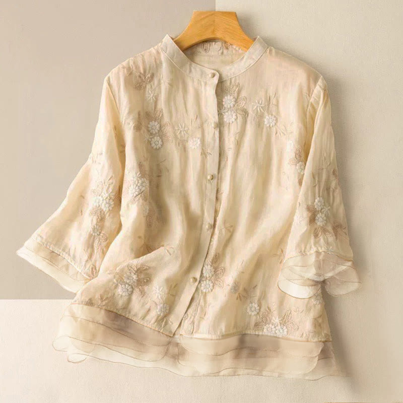Koszula damska z okrągłym dekoltem i krótkim rękawem, haftowanymi płatkami Buddy, z Buddha Stones - Jasnożółty - US8-10，UK/AU12-14，EU40-42 (2XL) - image 3